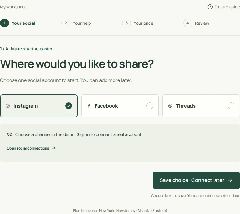 Actual screen for step 1: Choose your social account